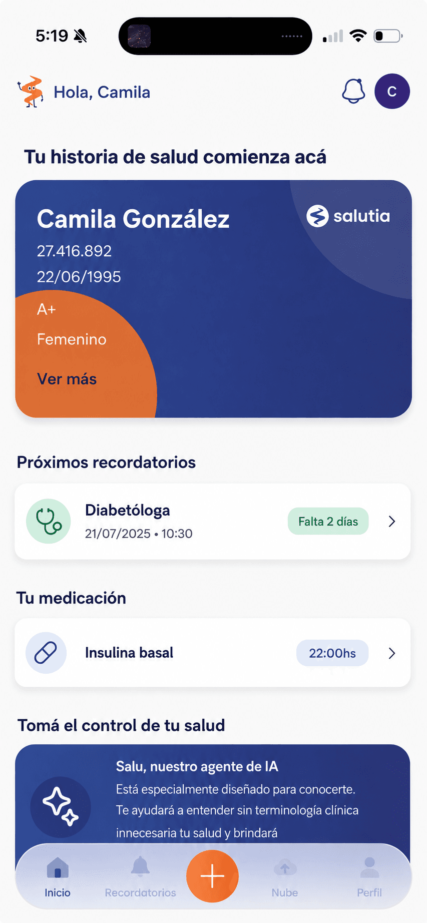 Pantalla de inicio de la app Salutia