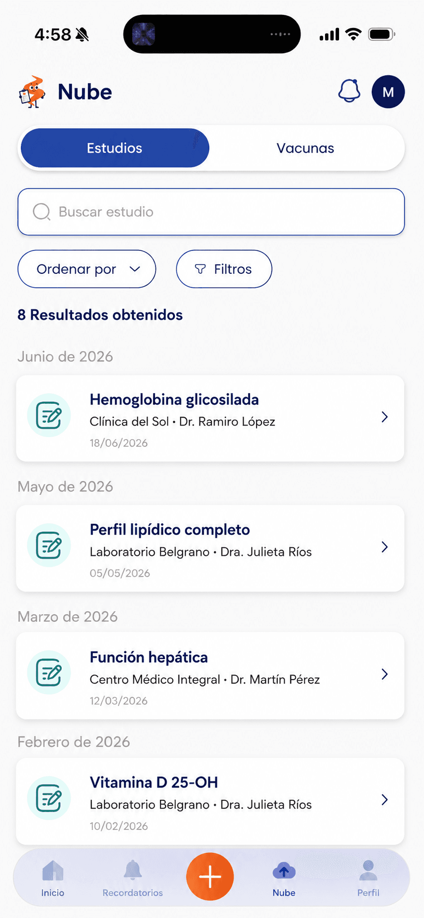 Pantalla de historial de estudios de la app Salutia
